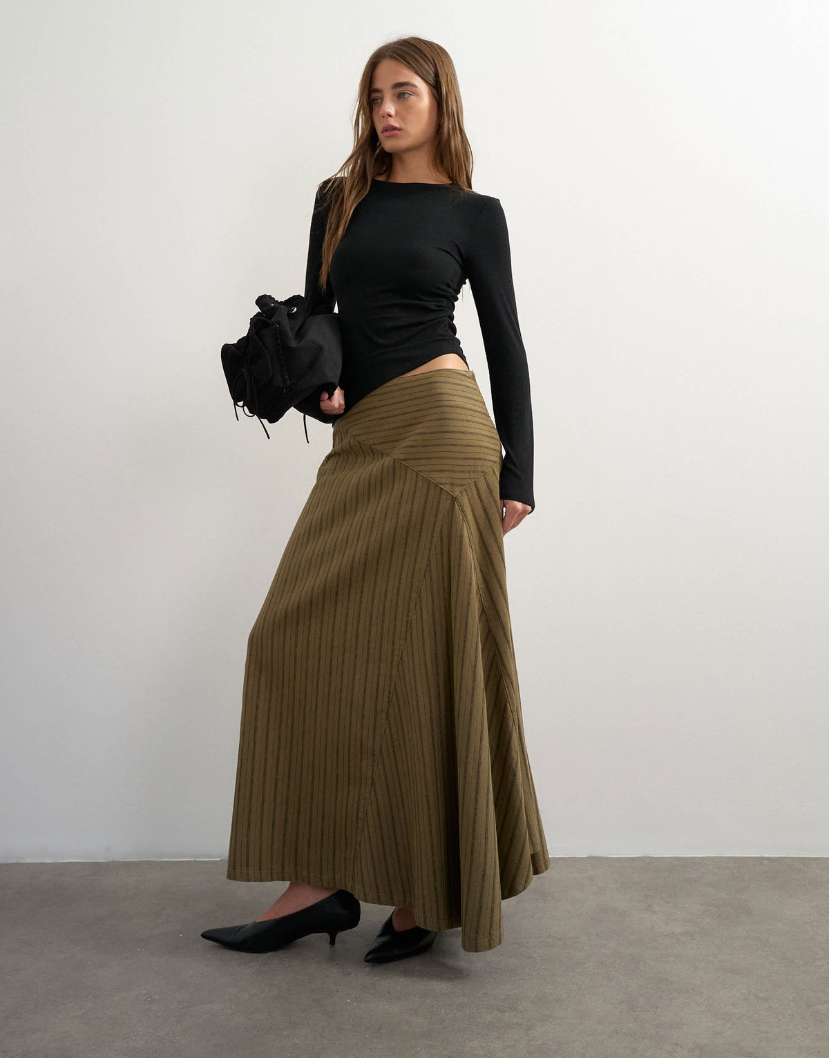 Topshop Asymmeric striped skirt in deep olive