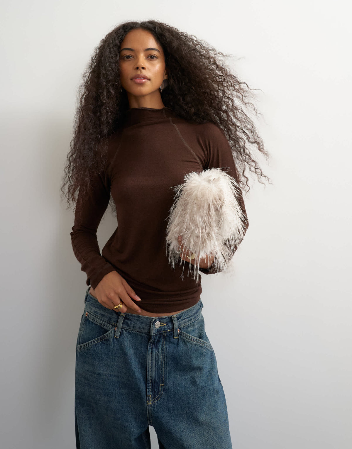 Topshop seamed funnel neck long sleeve top in chocolate