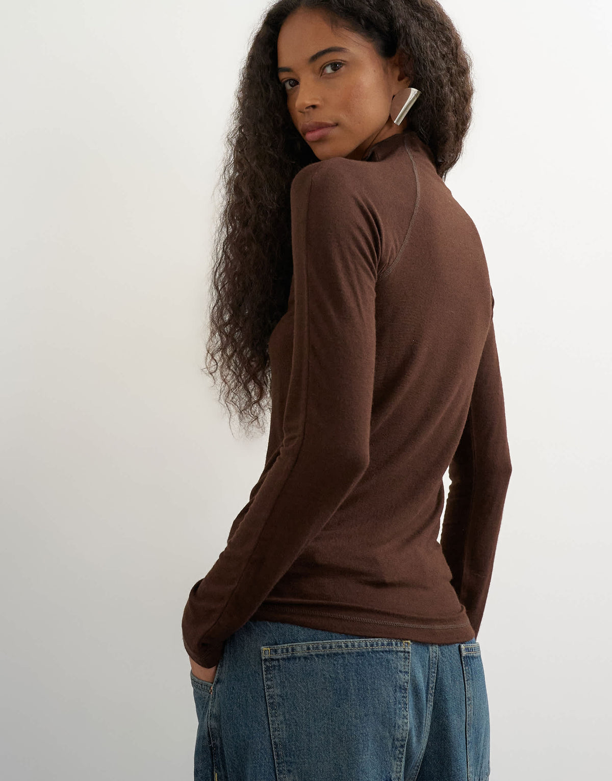 Topshop seamed funnel neck long sleeve top in chocolate