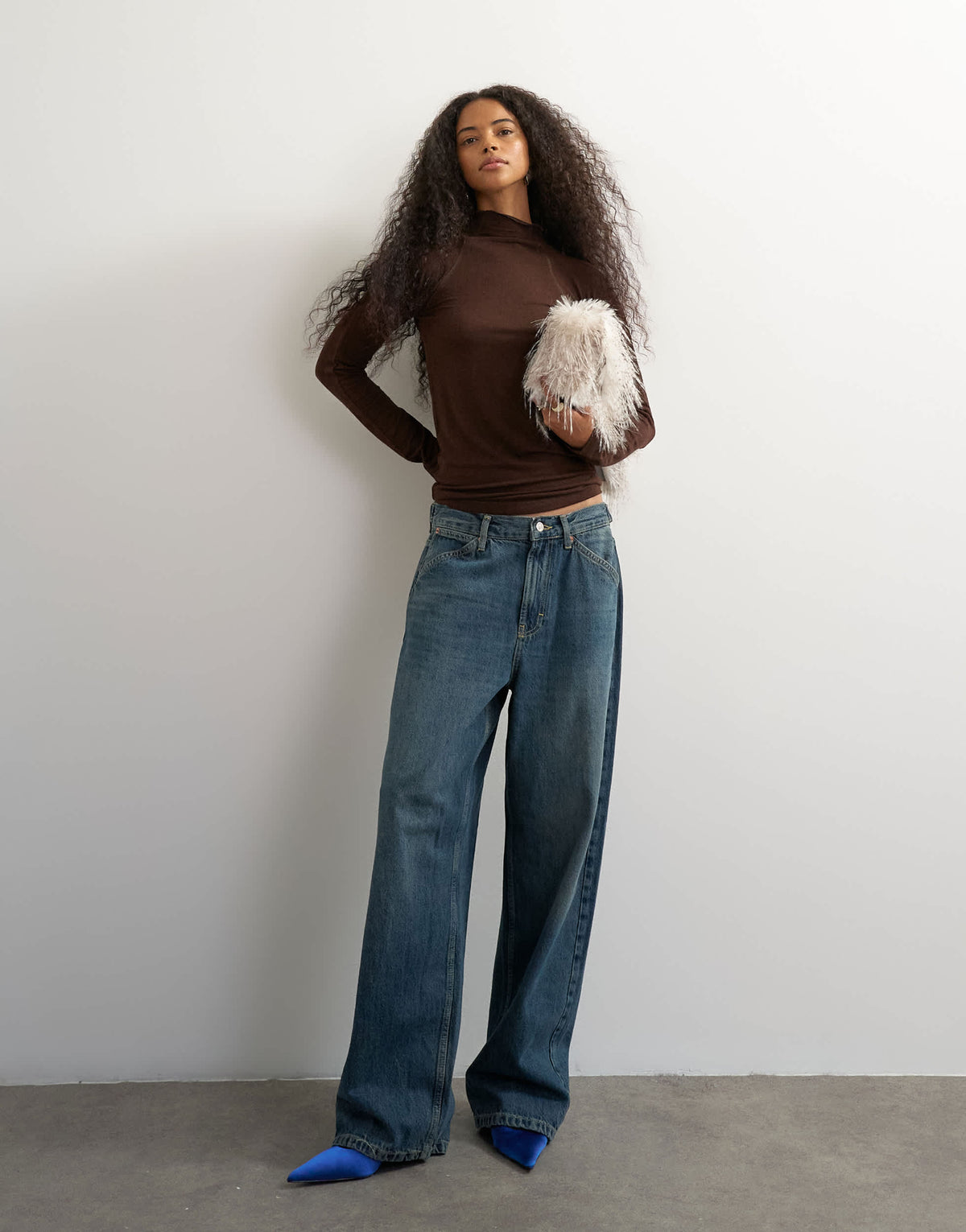 Topshop seamed funnel neck long sleeve top in chocolate