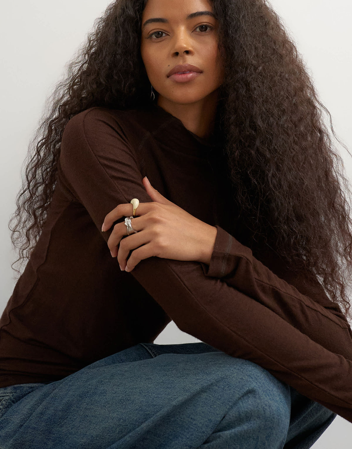 Topshop seamed funnel neck long sleeve top in chocolate