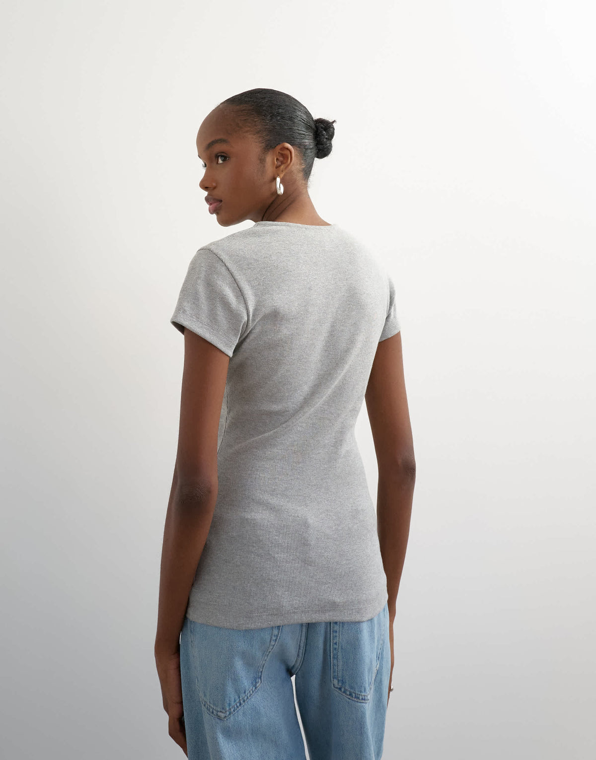 Topshop ribbed zip v short sleeve top in grey