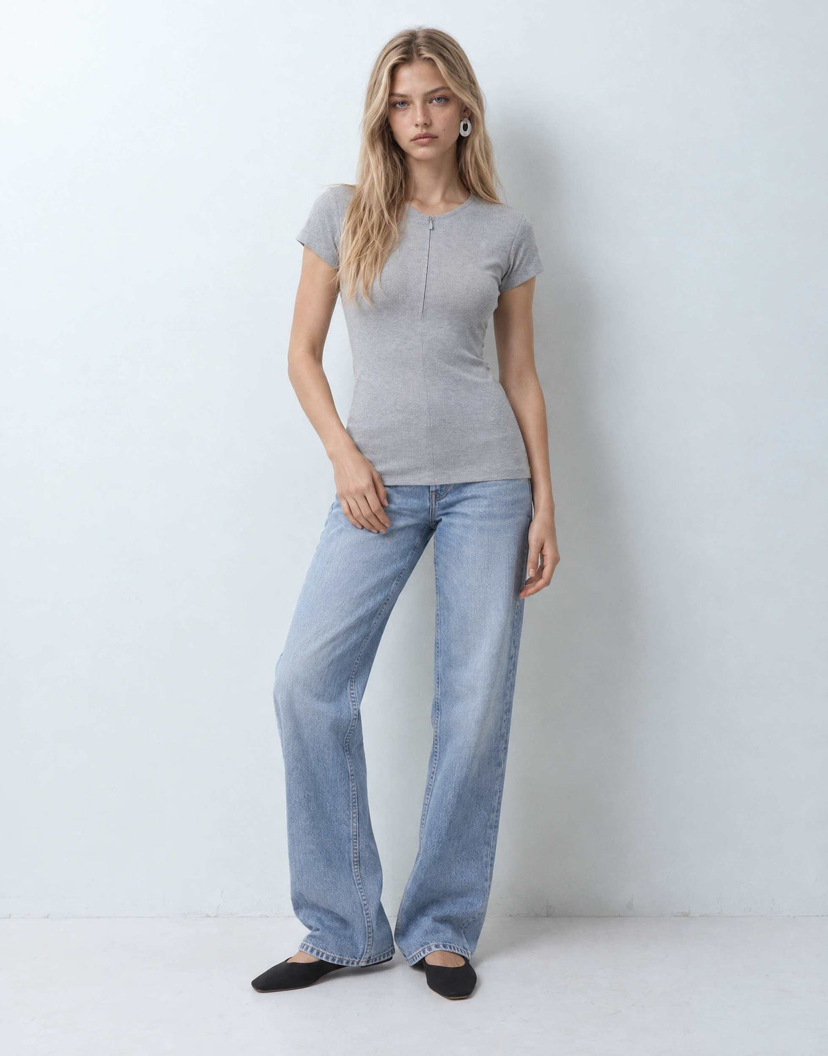 Topshop ribbed zip v short sleeve top in grey