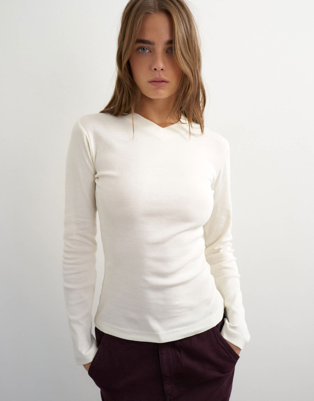 Topshop long sleeve micro v top in ecru