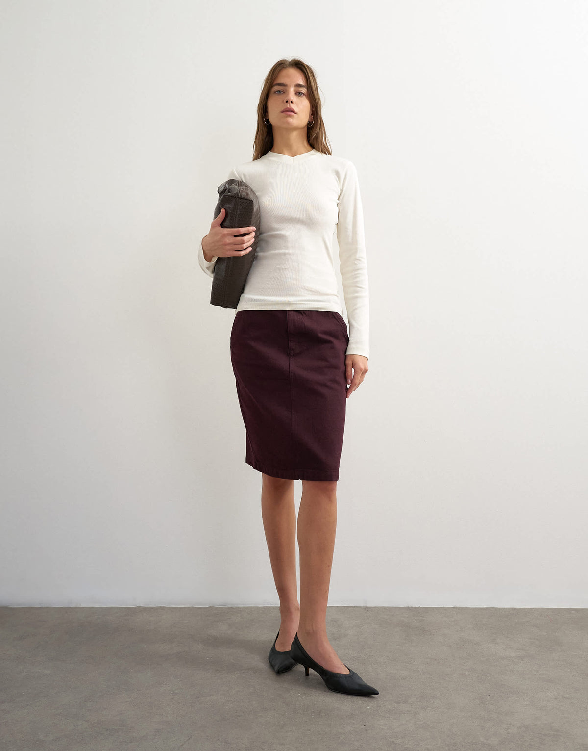 Topshop long sleeve micro v top in ecru