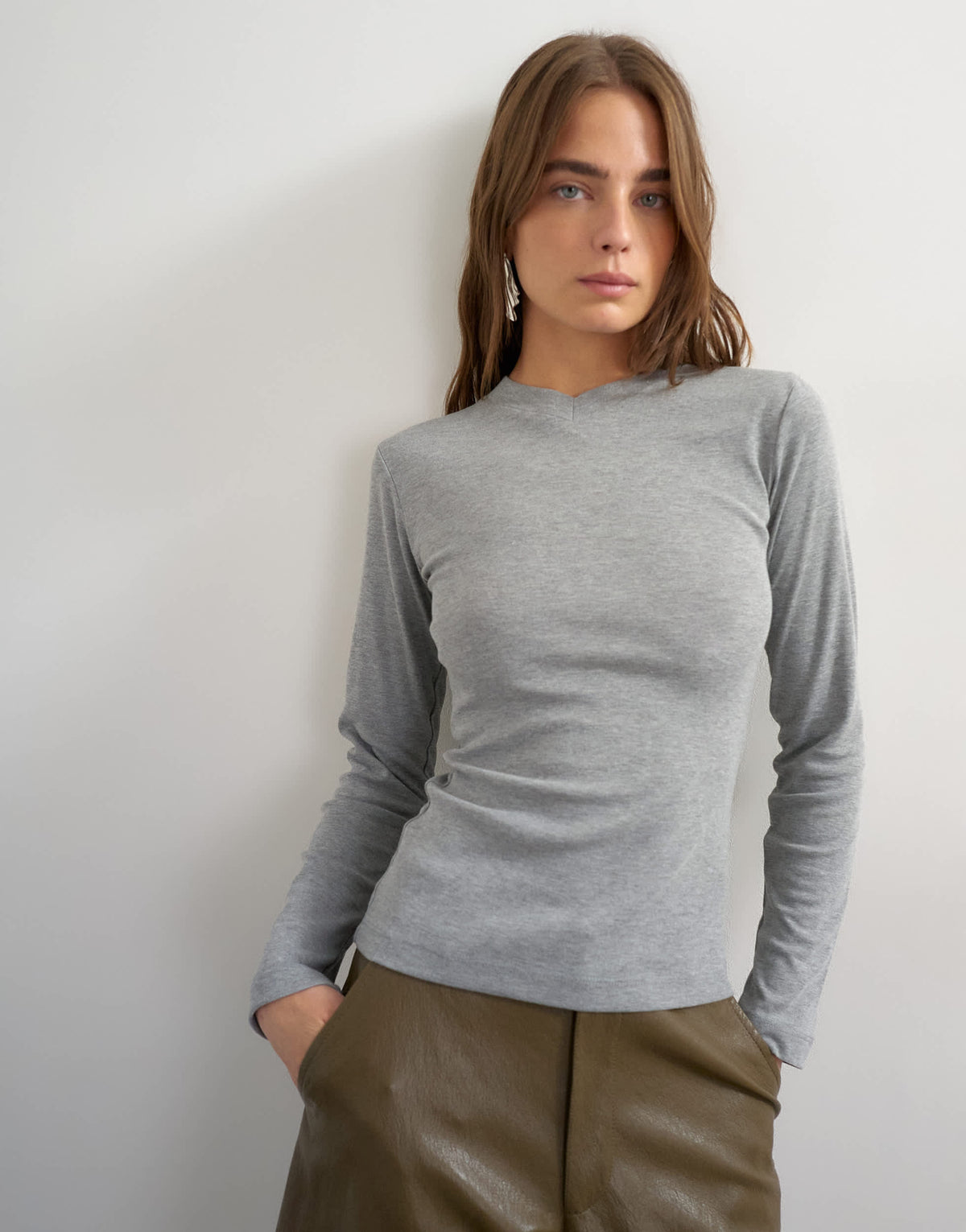Topshop long sleeve micro v top in grey marl