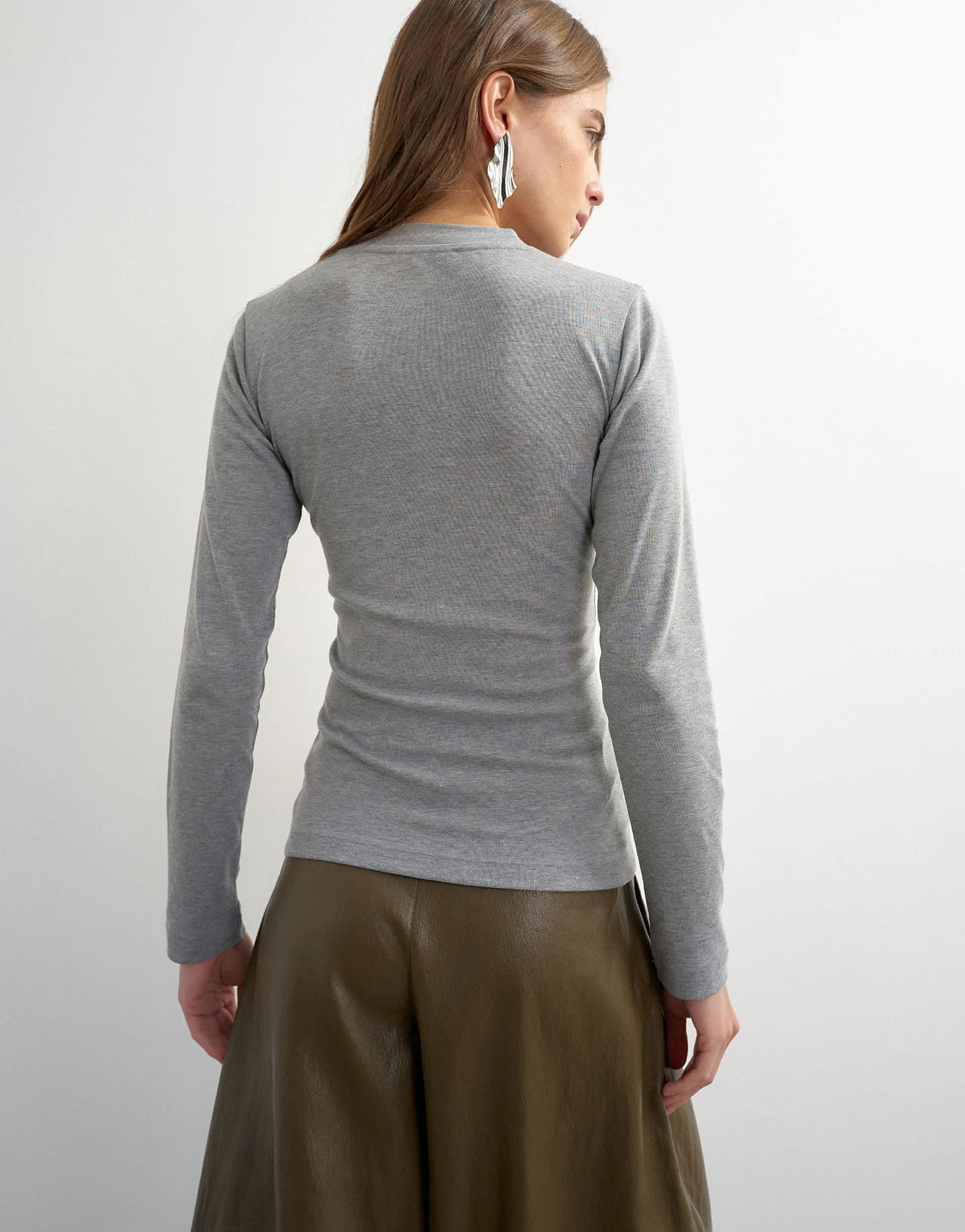 Topshop long sleeve micro v top in grey marl