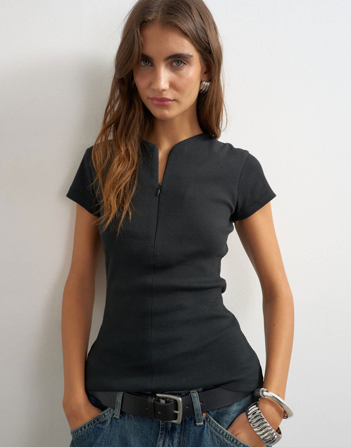 Topshop ribbed zip v short sleeve top in black