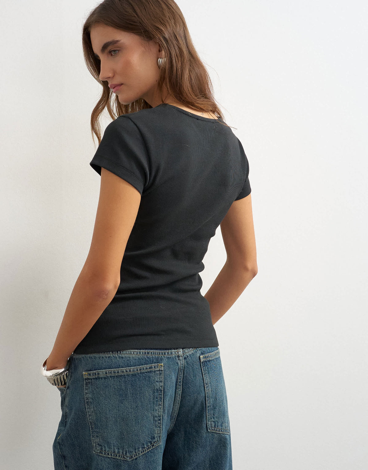 Topshop ribbed zip v short sleeve top in black