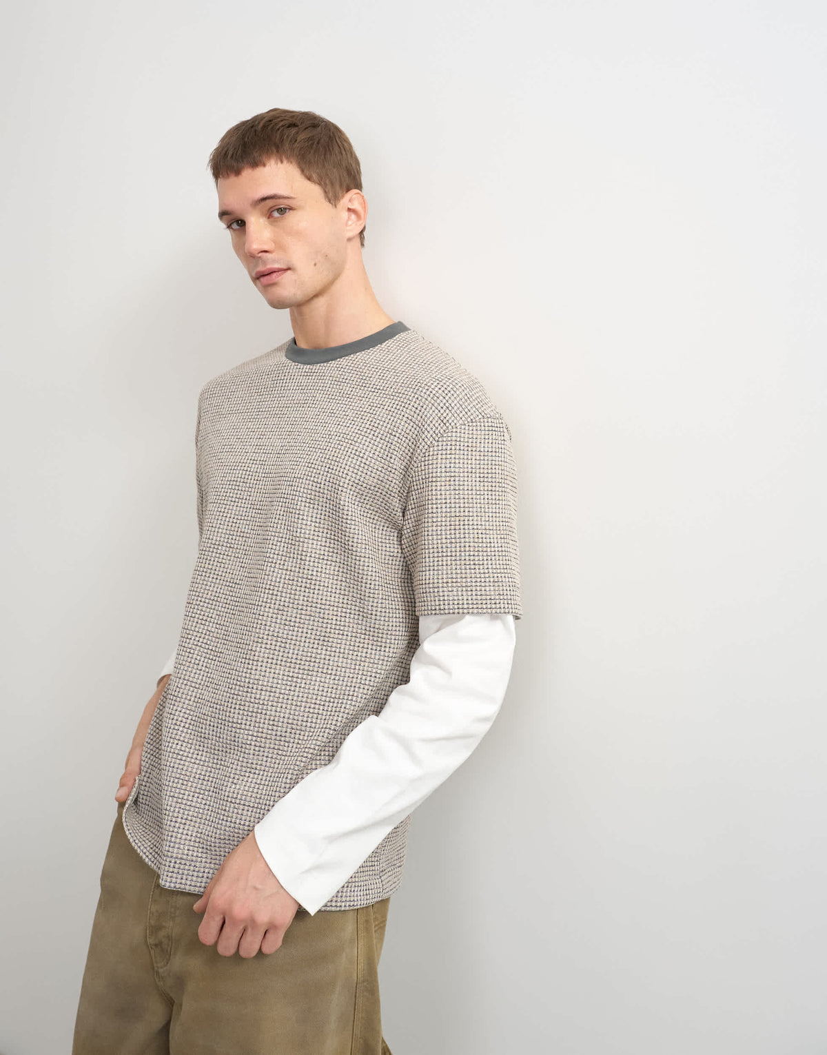 Topman relaxed fit double layered waffle t-shirt in oatmeal