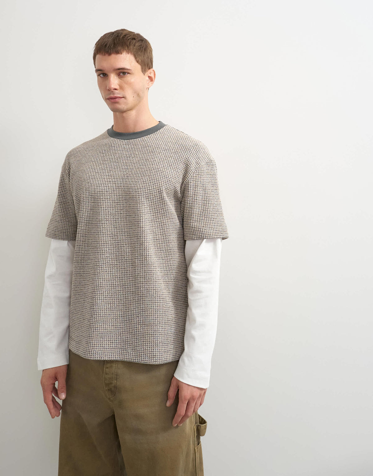 Topman relaxed fit double layered waffle t-shirt in oatmeal