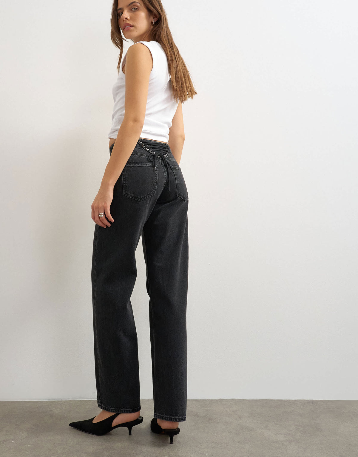 Topshop mid rise straight leg jean with lace up detail in washed black