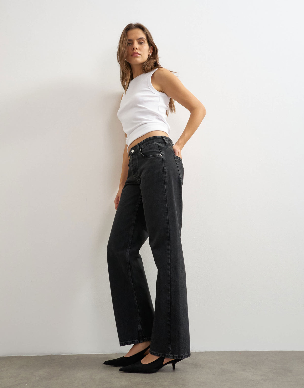 Topshop mid rise straight leg jean with lace up detail in washed black