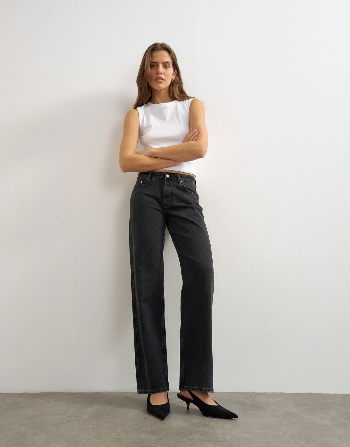 Topshop mid rise straight leg jean with lace up detail in washed black