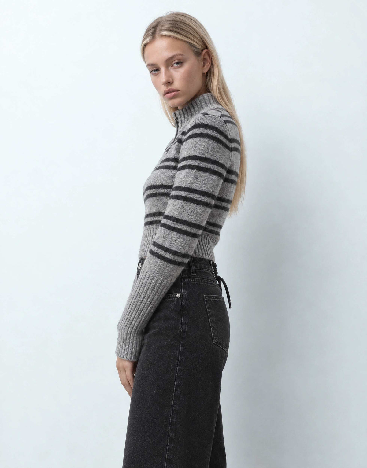 Topshop mid rise straight leg jean with lace up detail in washed black