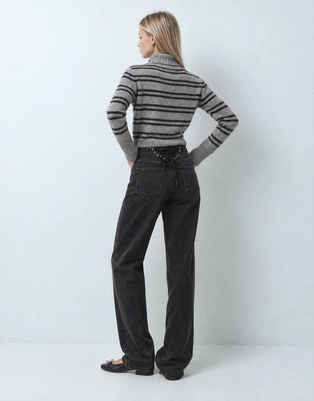 Topshop mid rise straight leg jean with lace up detail in washed black