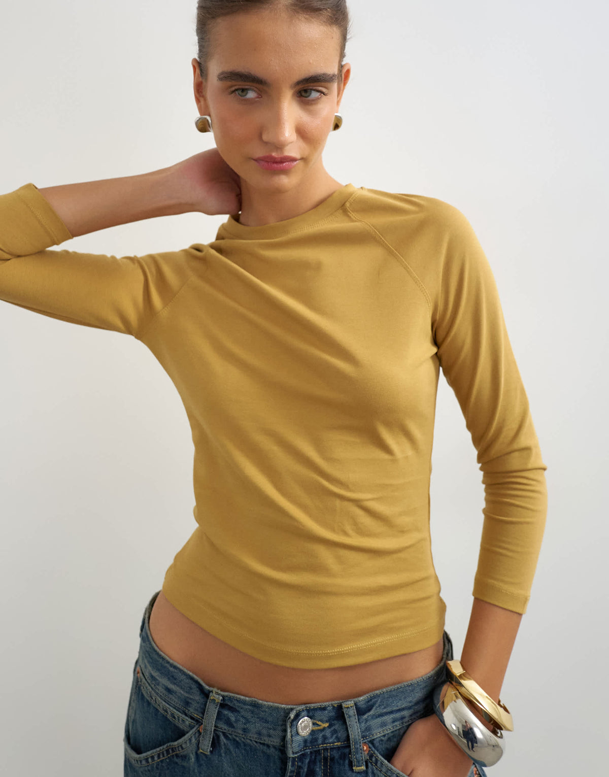 Topshop crop sleeve clean raglan top in ochre