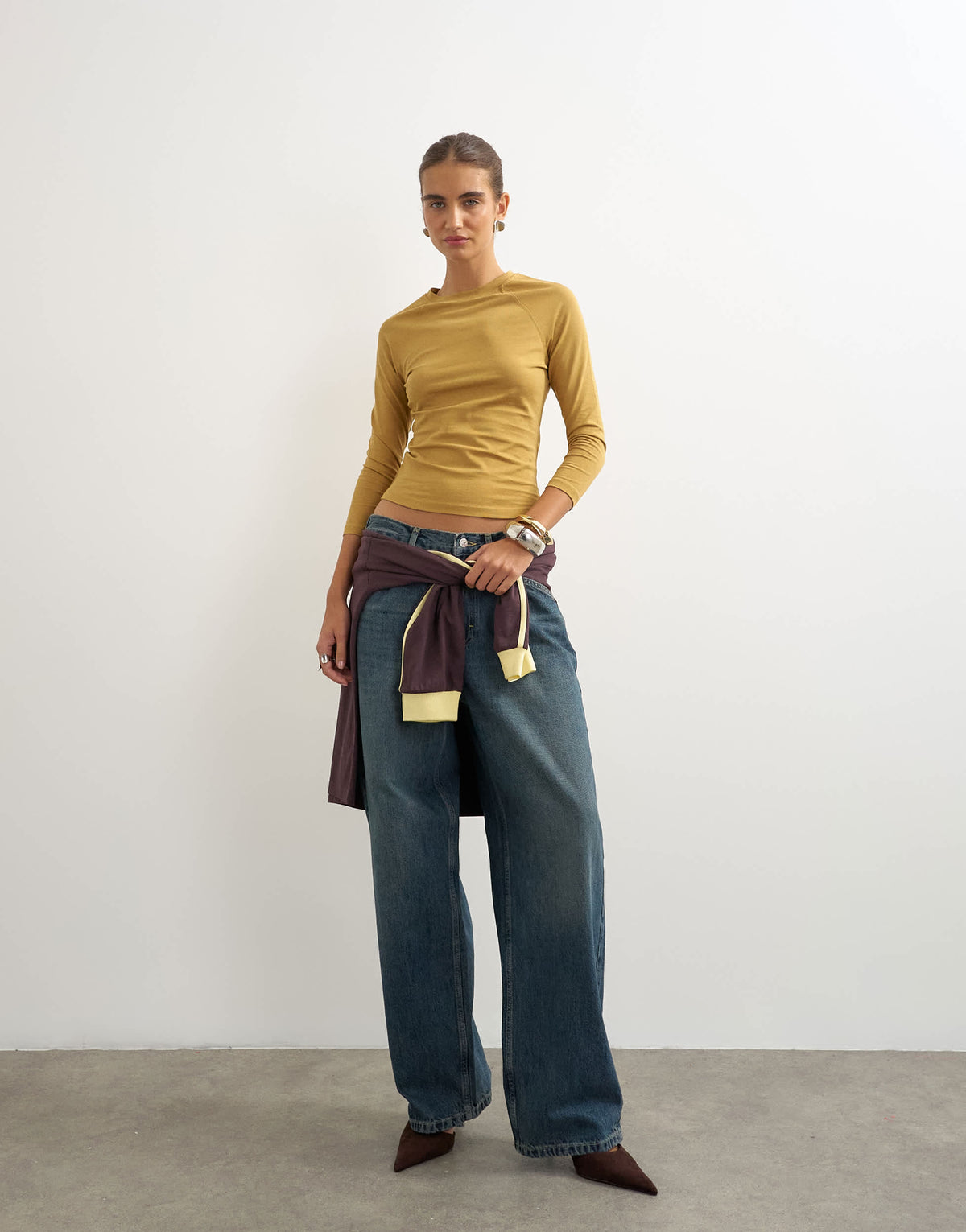 Topshop crop sleeve clean raglan top in ochre
