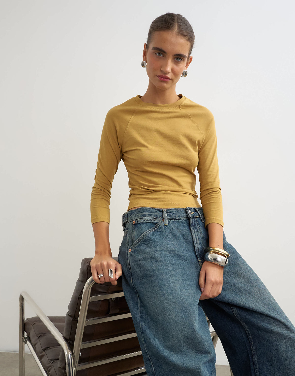 Topshop crop sleeve clean raglan top in ochre