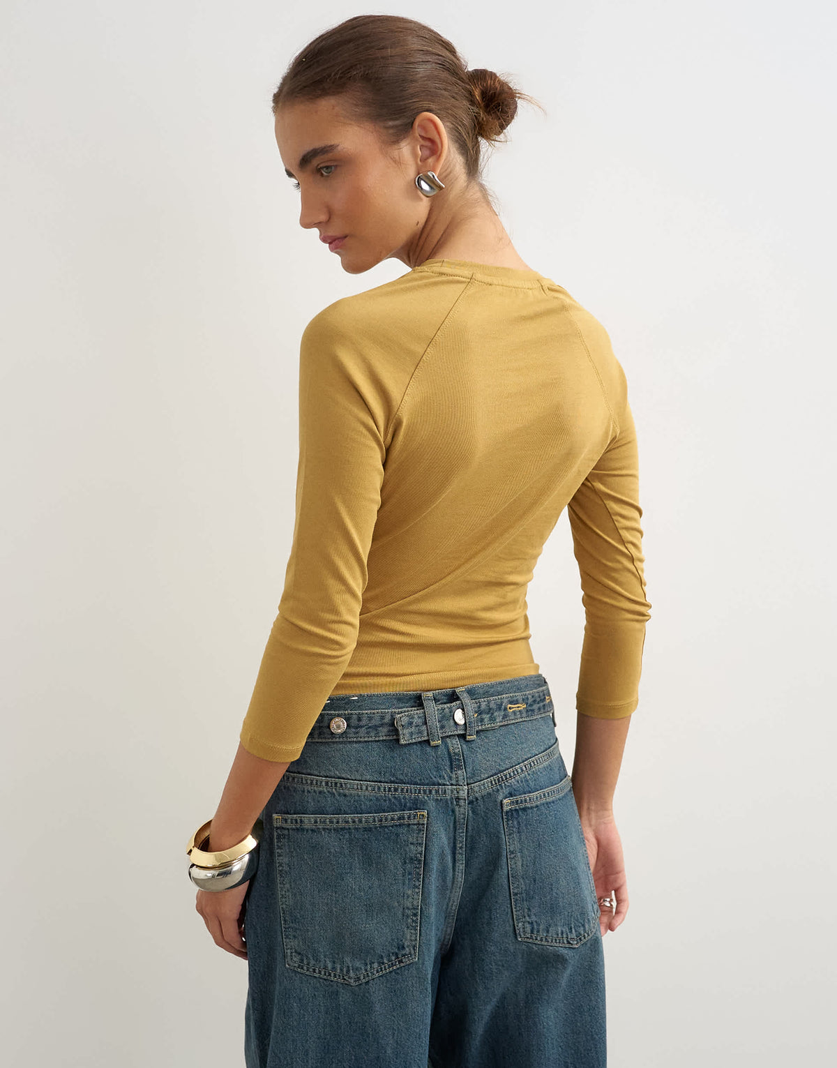 Topshop crop sleeve clean raglan top in ochre