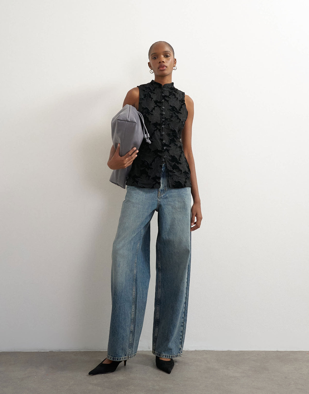 Topshop mandarin lace velvet mix button down longline top in black