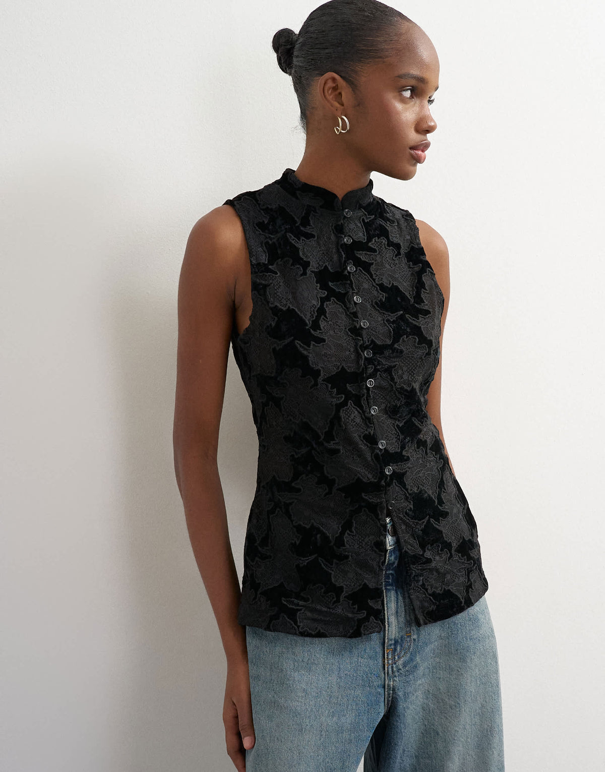 Topshop mandarin lace velvet mix button down longline top in black