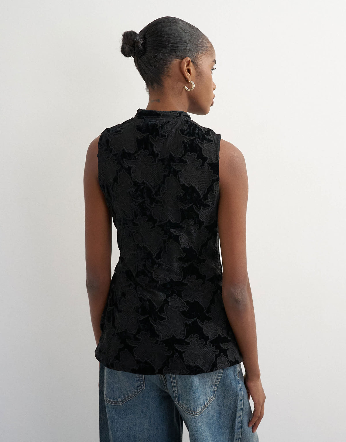 Topshop mandarin lace velvet mix button down longline top in black