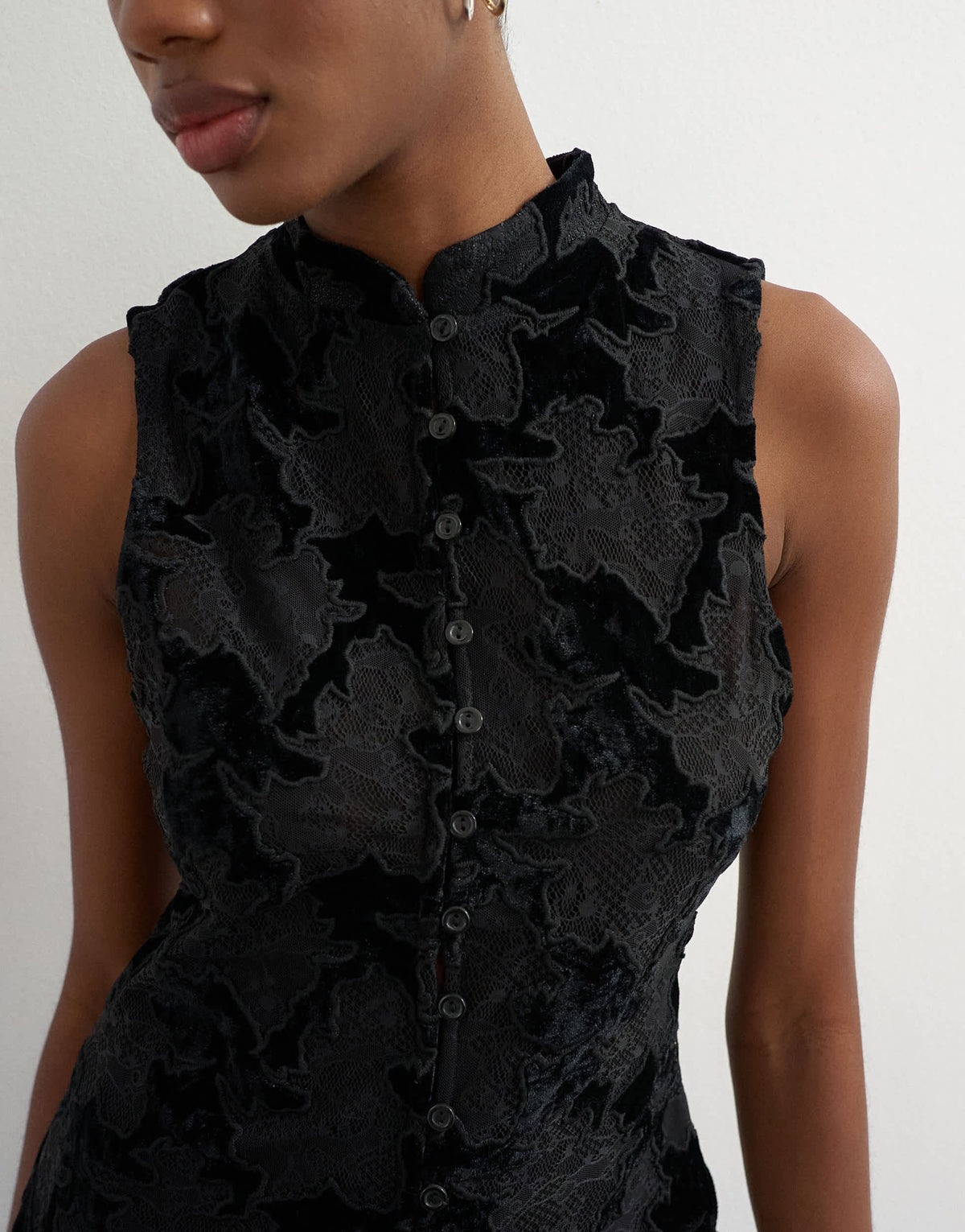 Topshop mandarin lace velvet mix button down longline top in black