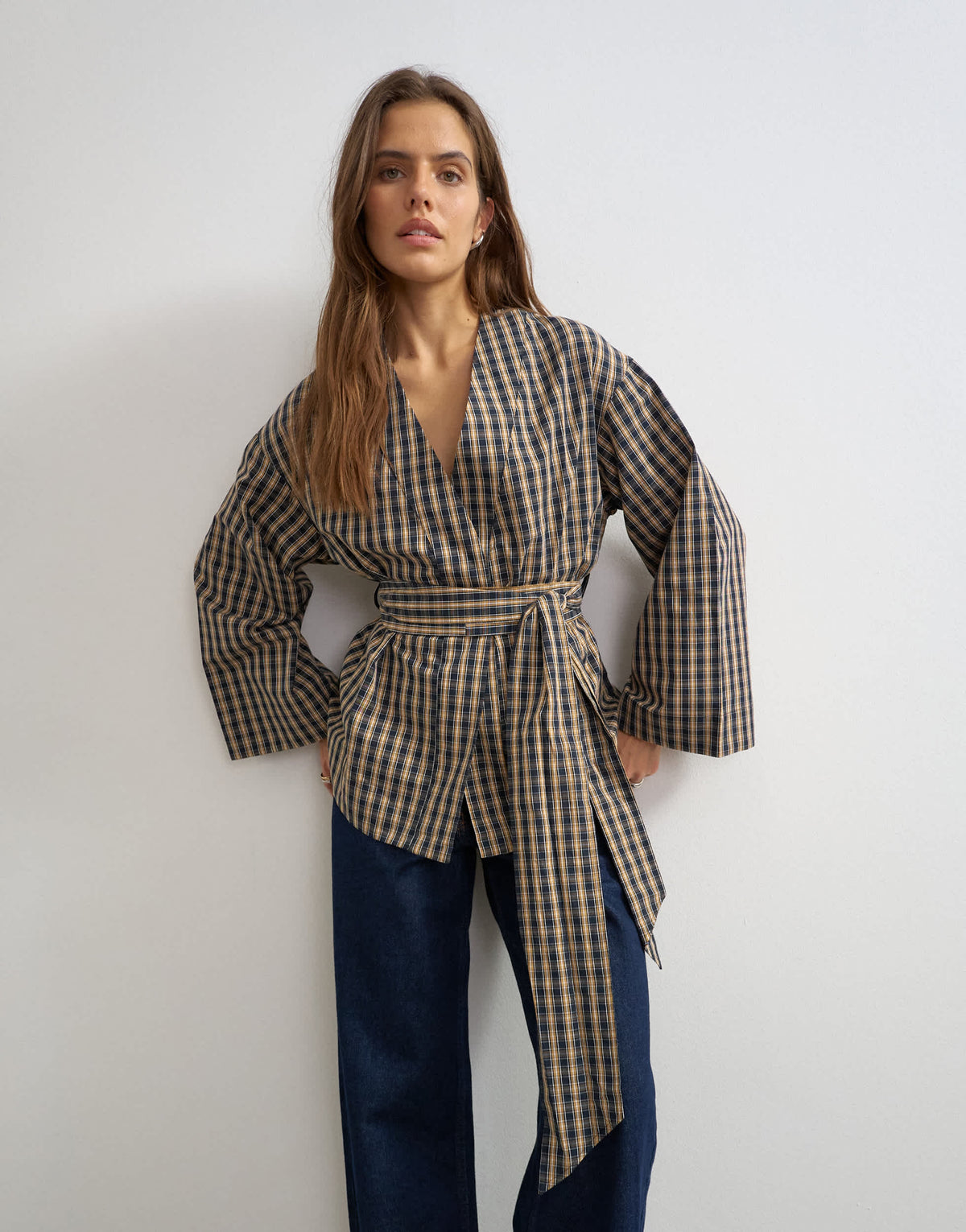 Topshop wrap tie detail top in check print