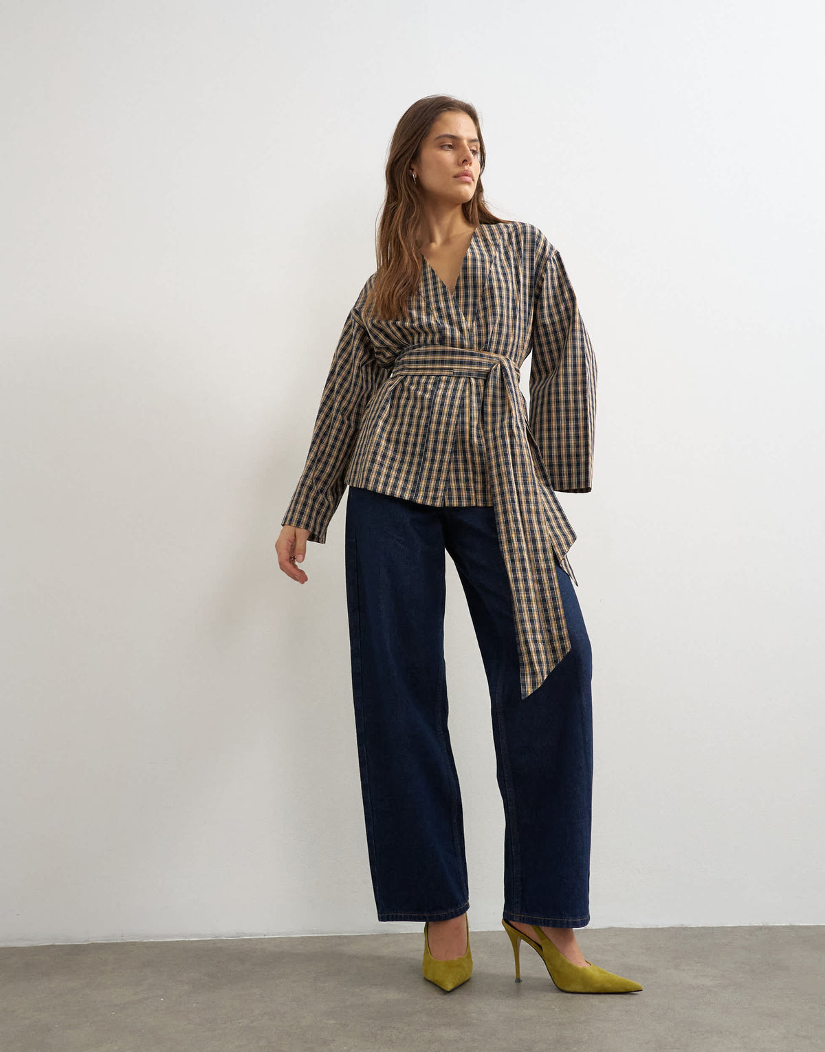 Topshop wrap tie detail top in check print