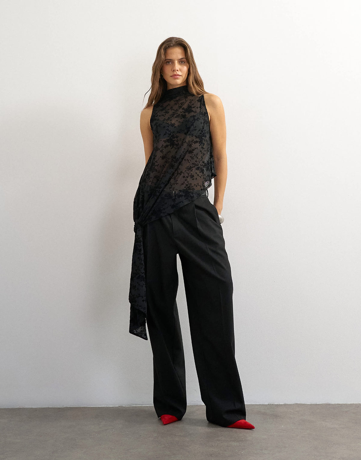 Topshop devoure cowl neck tie detail top in black