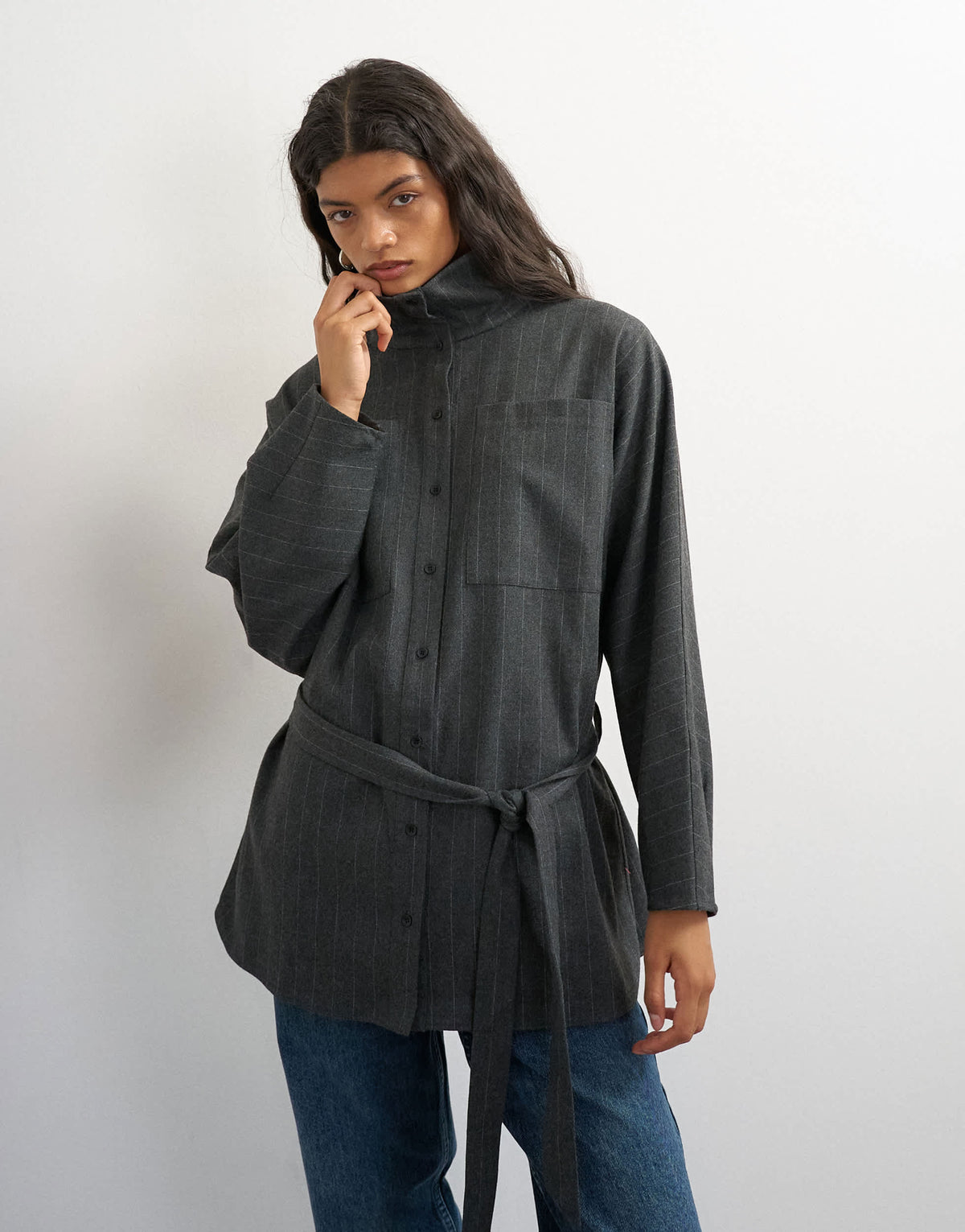 Topshop tailored tie waist funnel neck shirt in grey pinstripe
