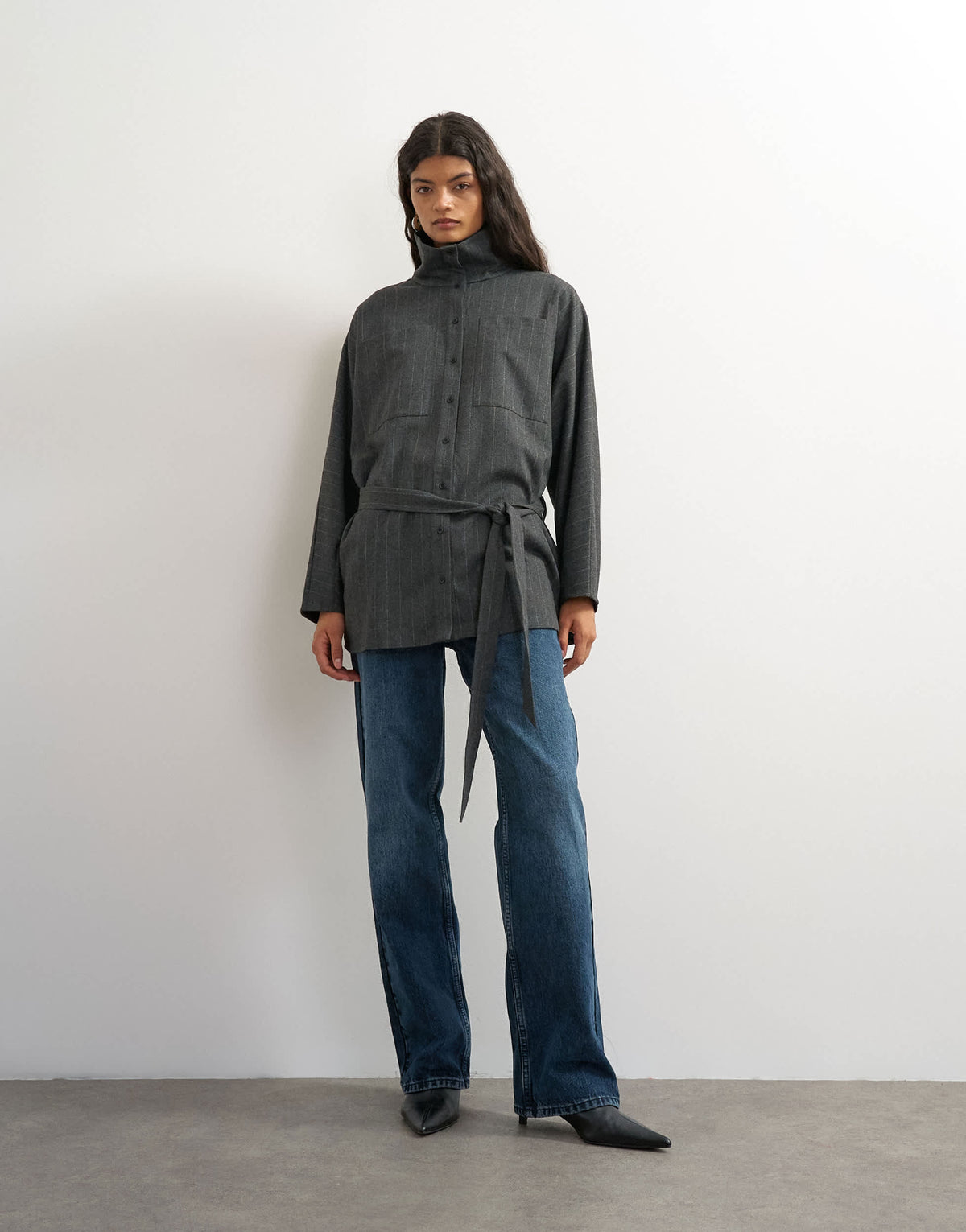 Topshop tie waist funnel neck shirt in grey pinstripe