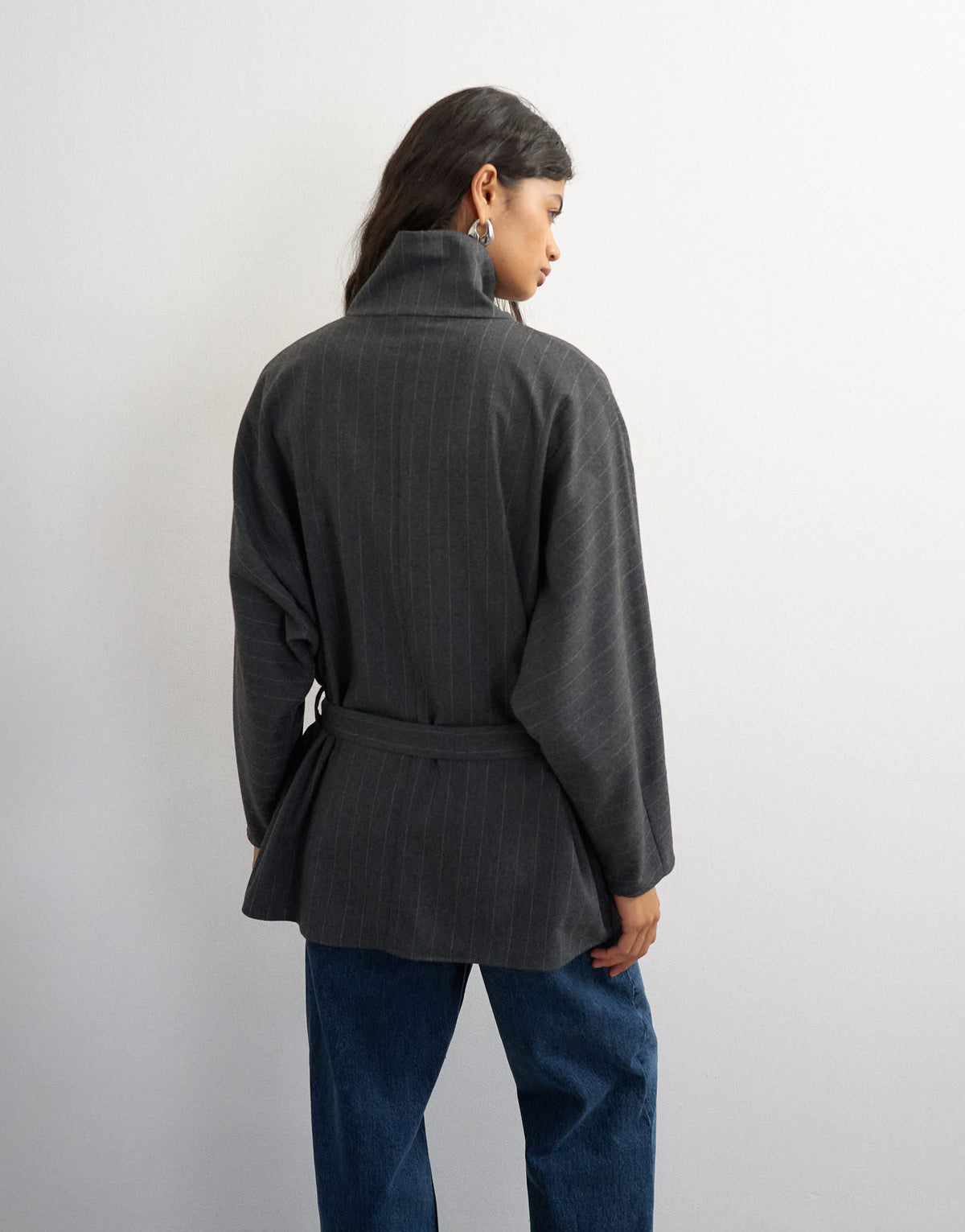 Topshop tailored tie waist funnel neck shirt in grey pinstripe