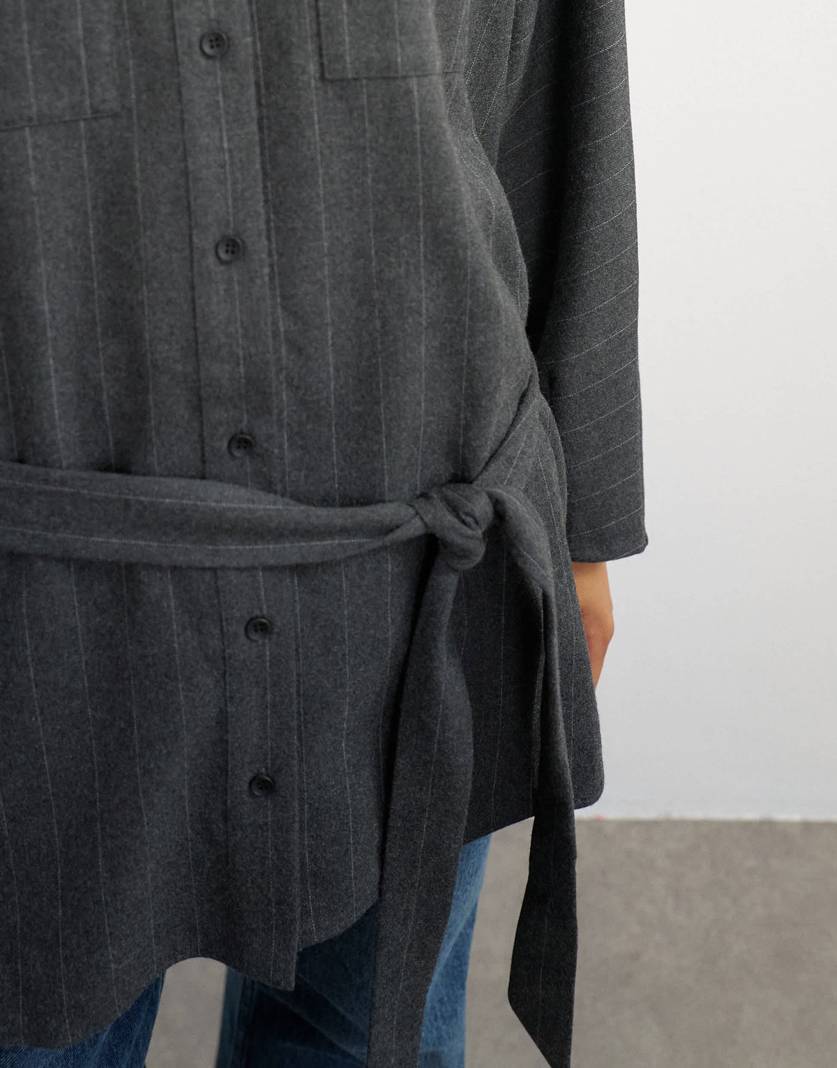 Topshop tie waist funnel neck shirt in grey pinstripe