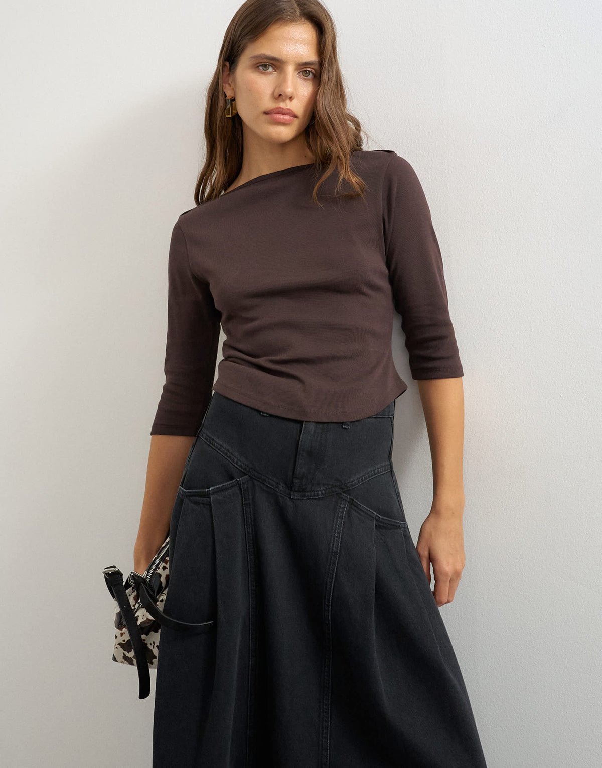 Topshop slash neck curve hem top in chocolate