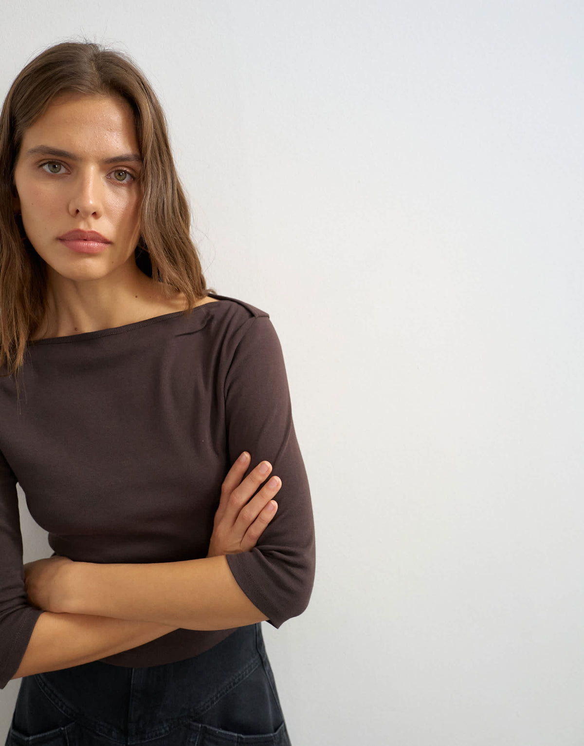 Topshop slash neck curve hem top in chocolate