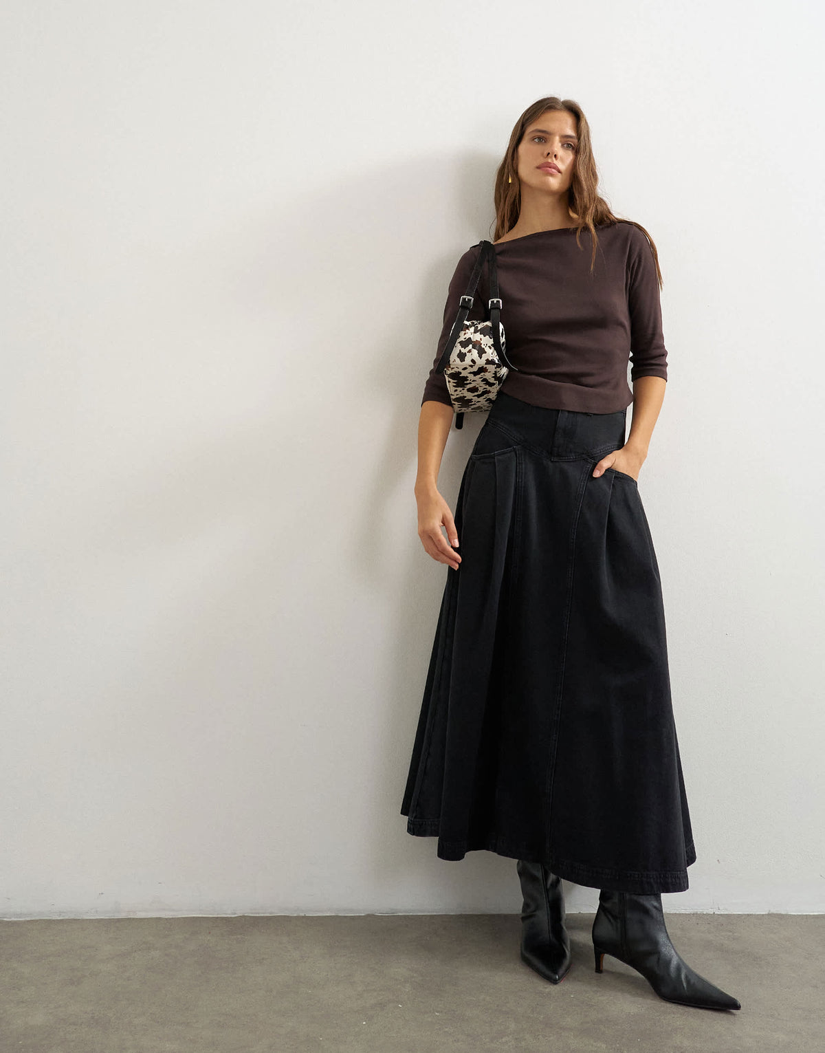 Topshop slash neck curve hem top in chocolate
