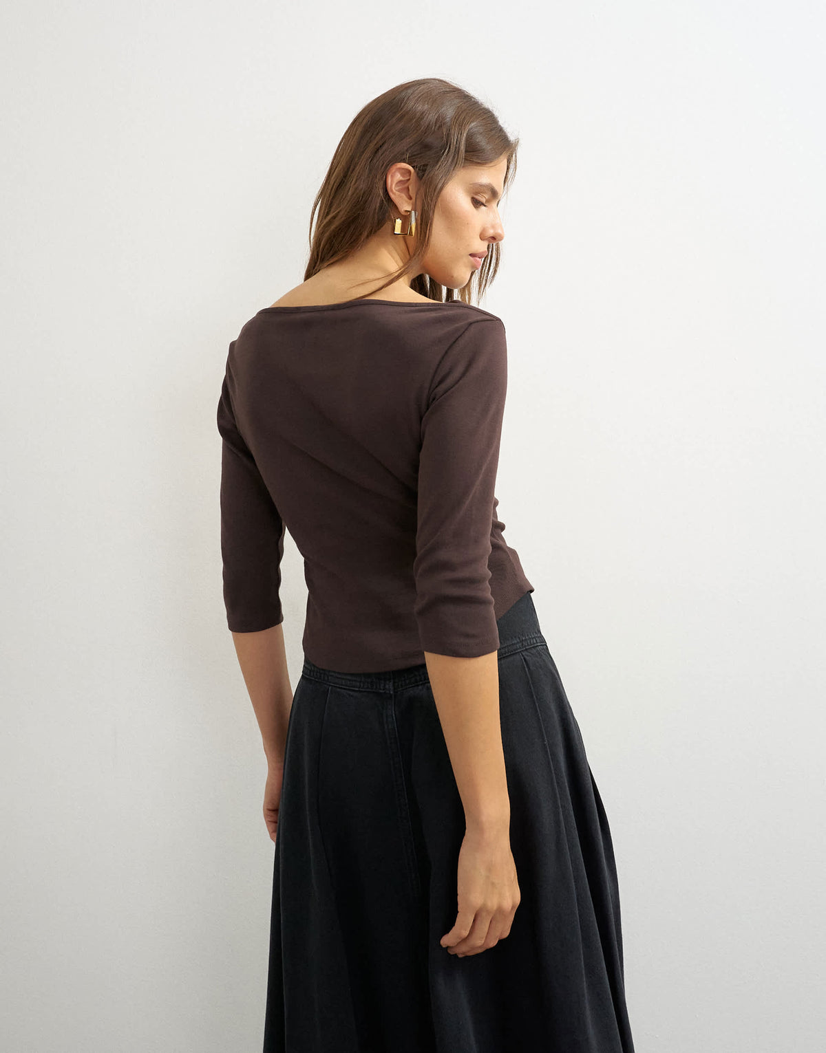 Topshop slash neck curve hem top in chocolate