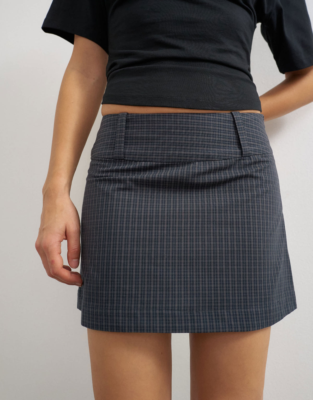 Topshop deep waistband mini skirt in navy check