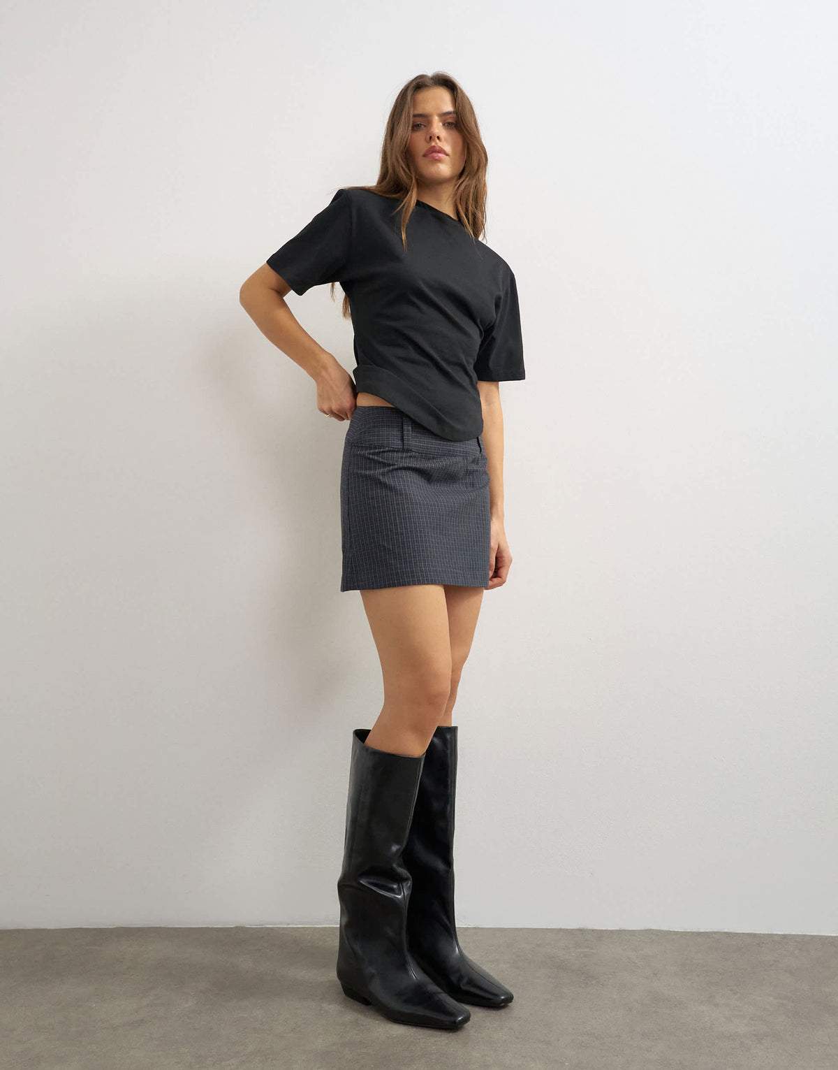 Topshop deep waistband mini skirt in navy check