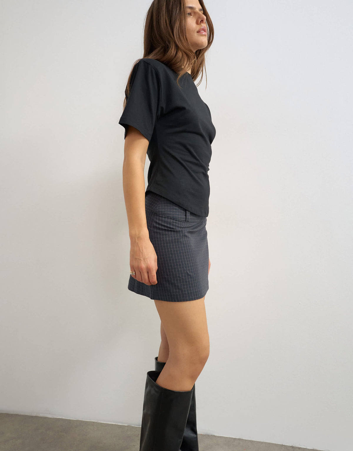 Topshop deep waistband mini skirt in navy check