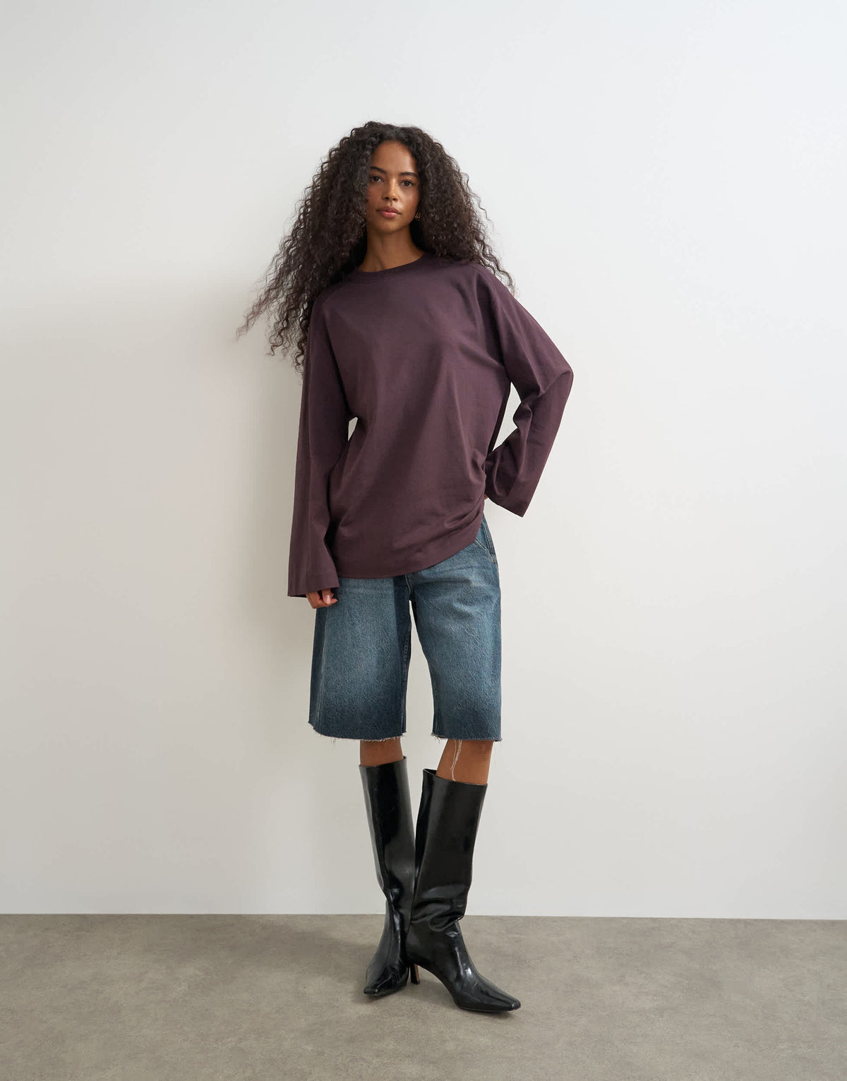 Topshop seamed detail long sleeve skater top in chocolate plum