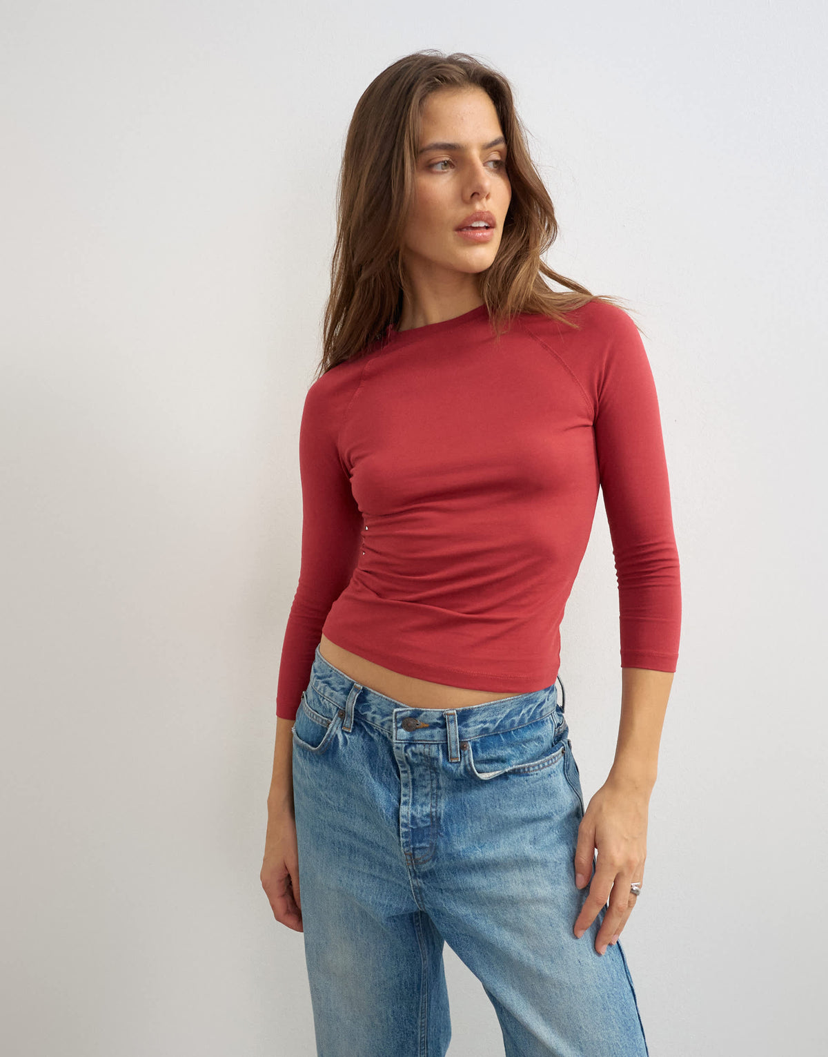 Topshop crop sleeve clean raglan top in red
