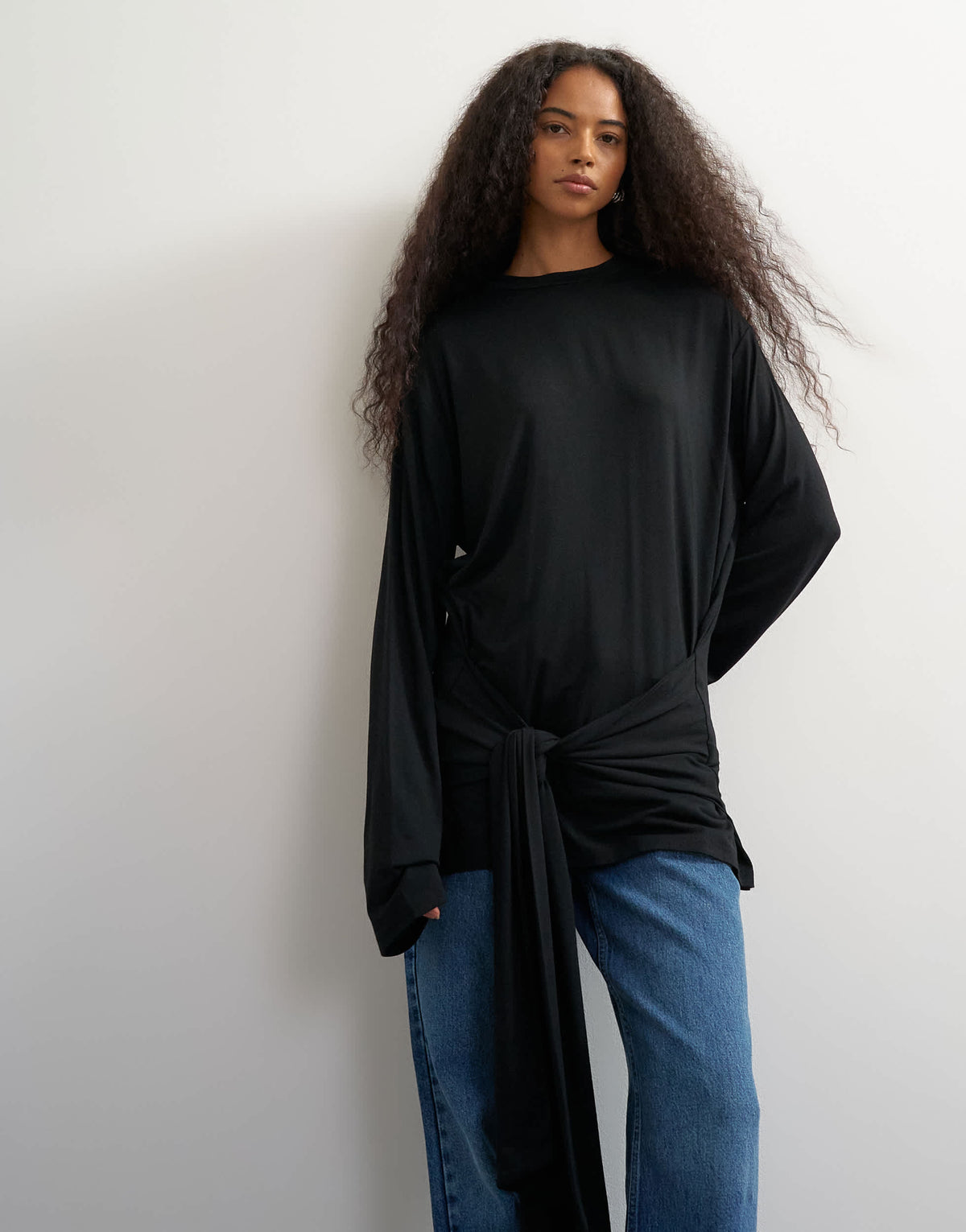 Topshop long sleeve tie front top in black