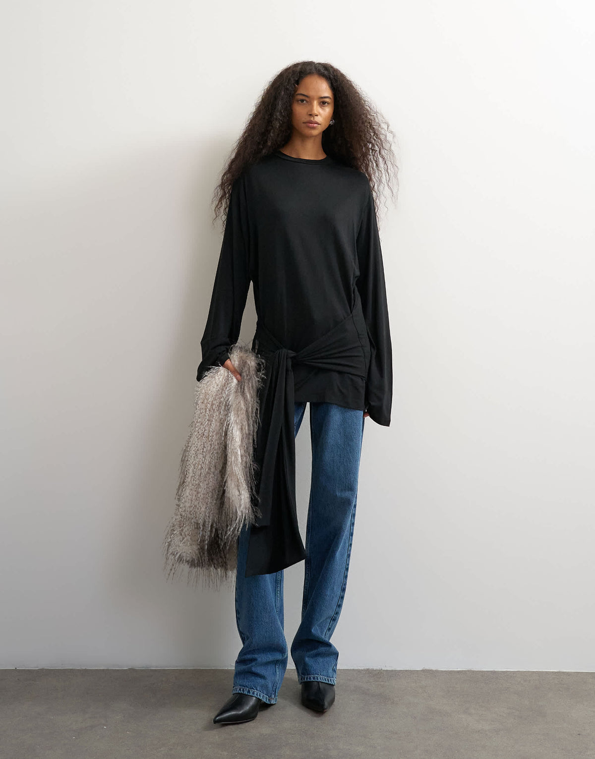 Topshop long sleeve tie front top in black