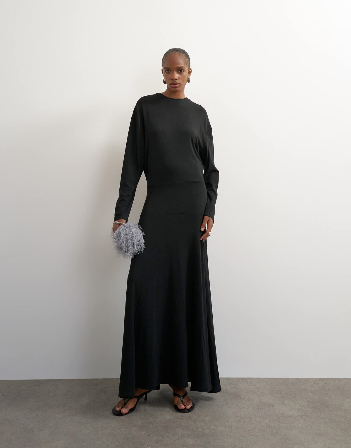 Topshop viscose blend jersey long sleeve dropped waist maxi dress in black