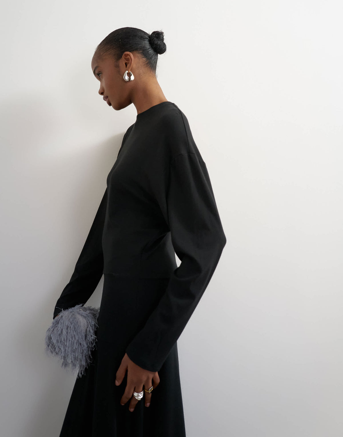 Topshop viscose blend jersey long sleeve dropped waist maxi dress in black