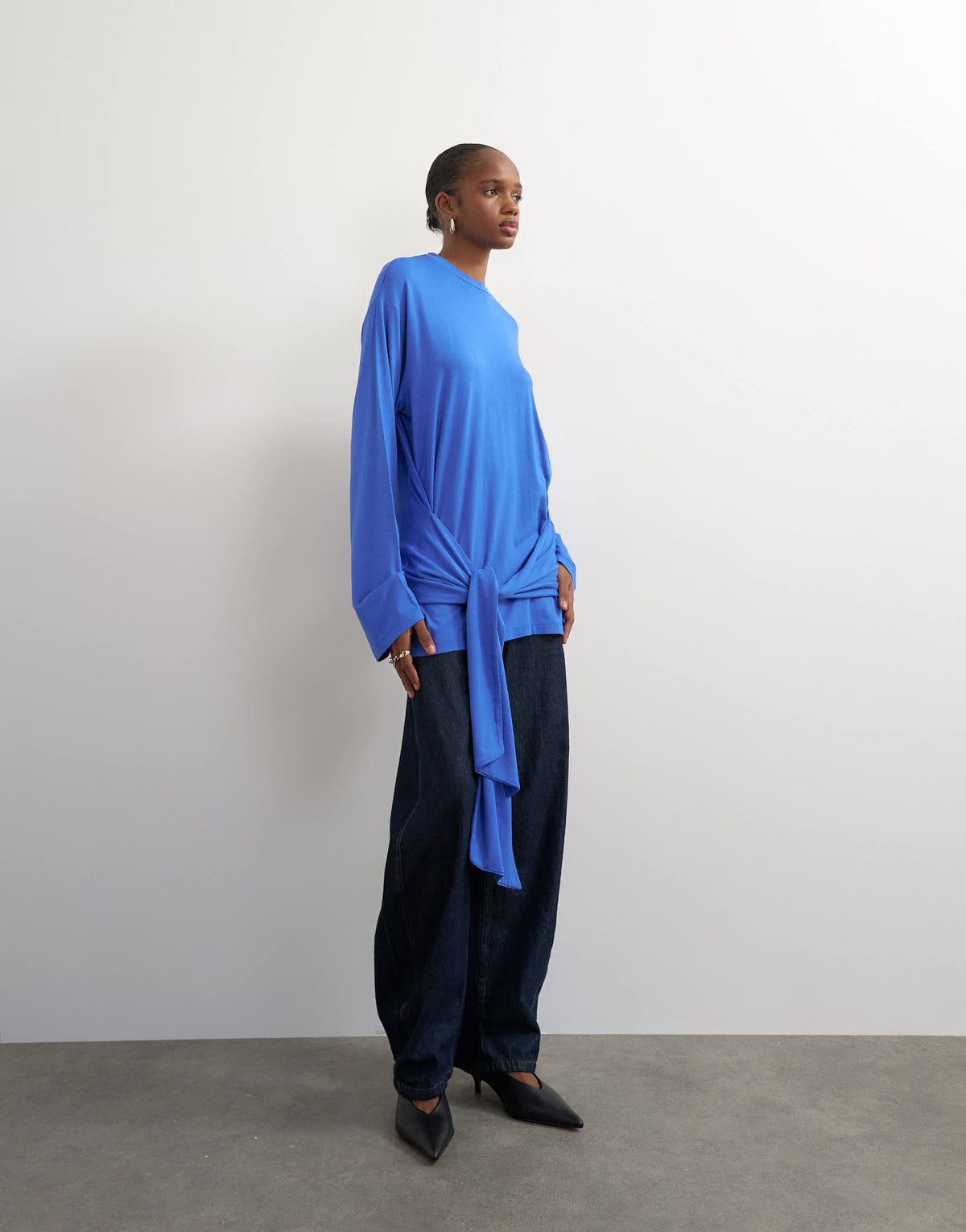 Topshop long sleeve tie front top in mid blue