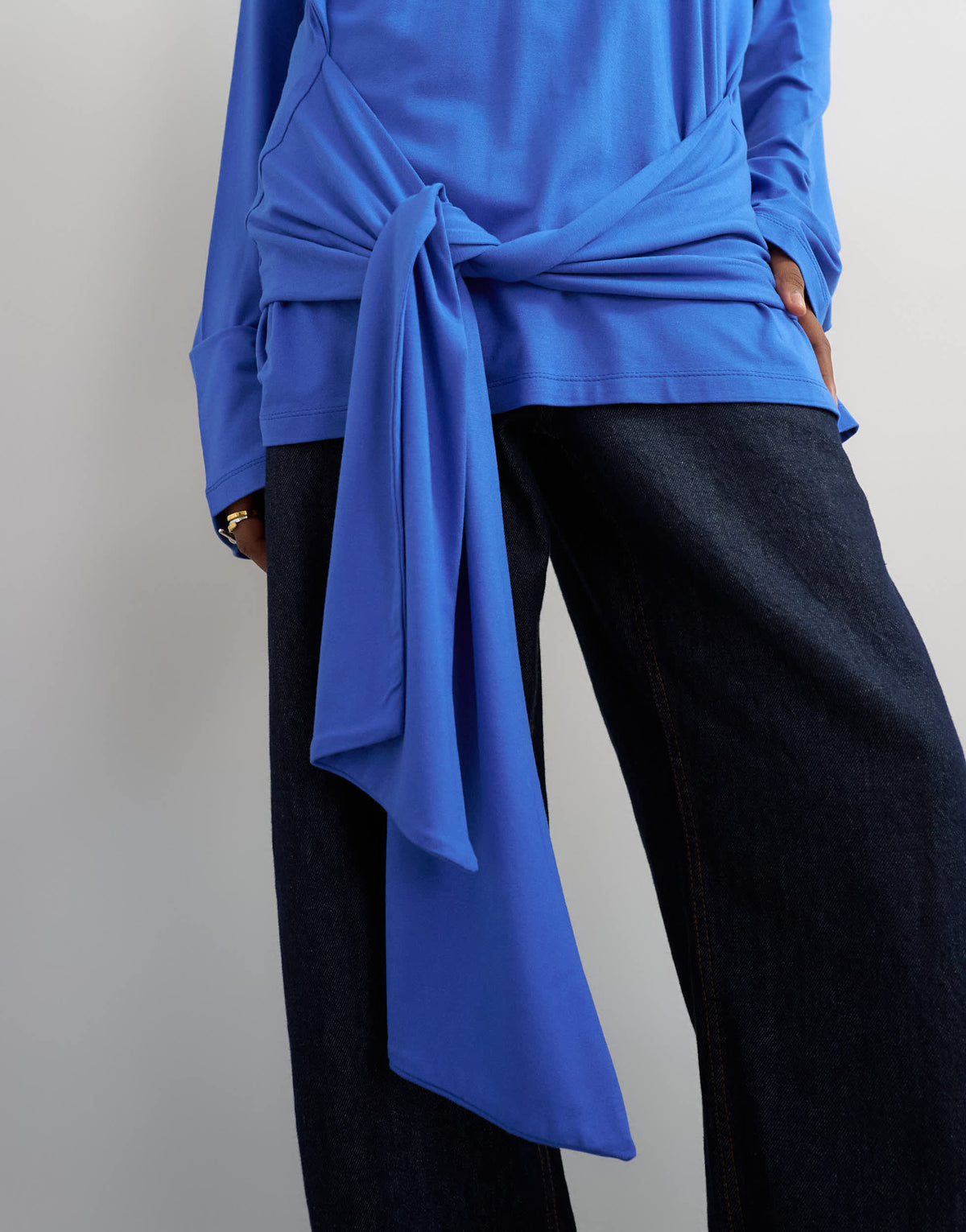 Topshop long sleeve tie front top in mid blue